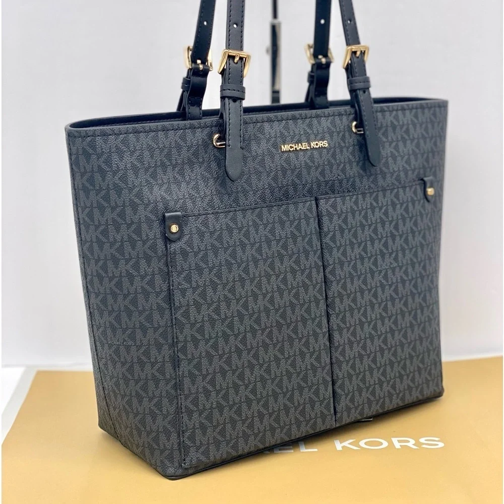 Michael Kors Jet Set Medium Double Pocket Tote Shoulder Bag Black